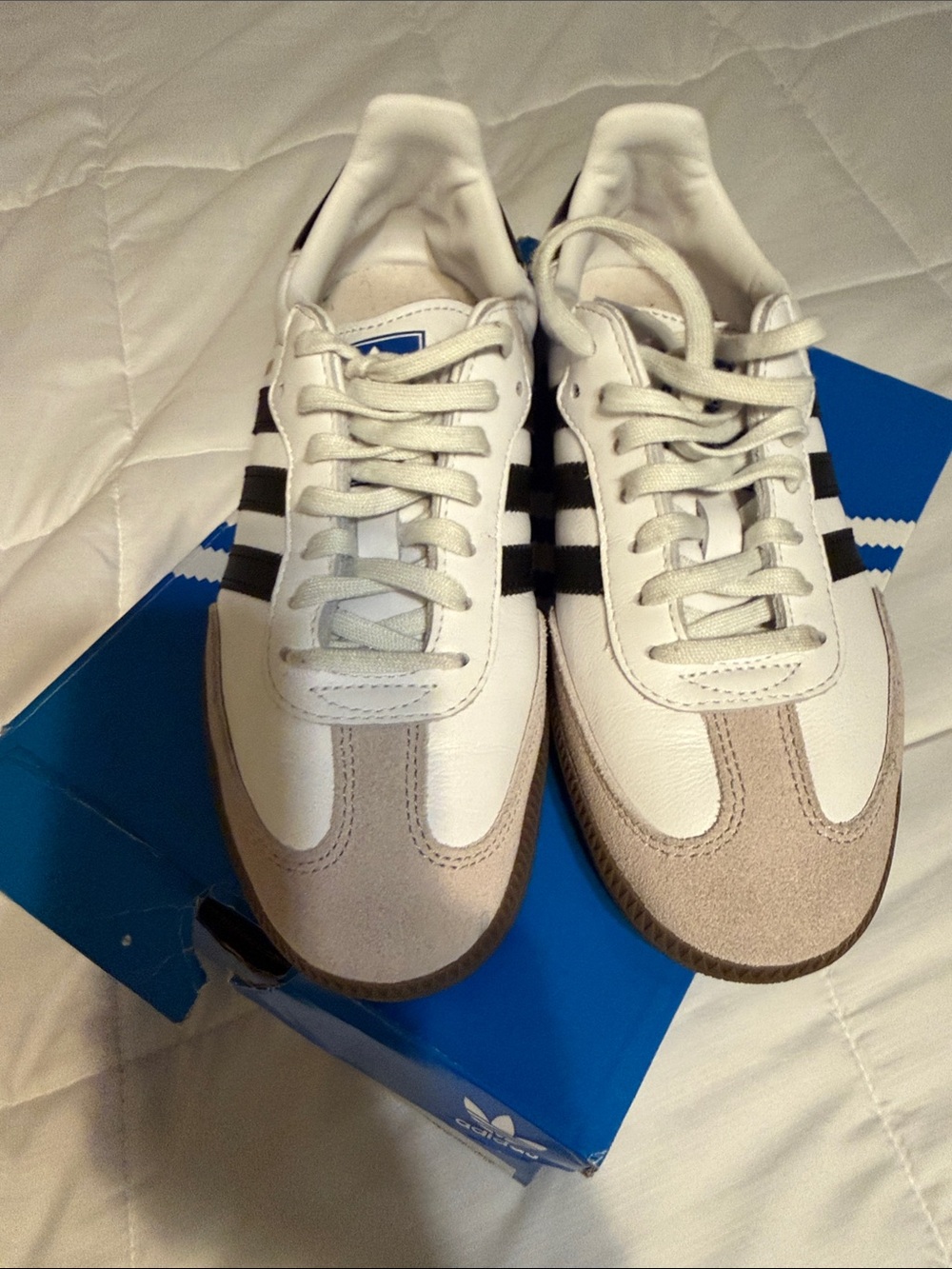 adidas White Sneakers with Black Stripes and Beige Accents